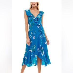 Socialite Ruffle Print Wrap Midi Dress - cobalt floral - size medium